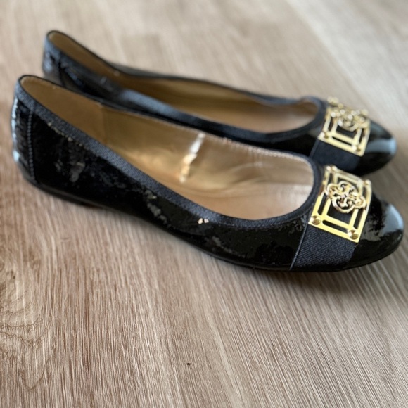 Isola Black Patent Flats with Gold Detail - Picture 2 of 8